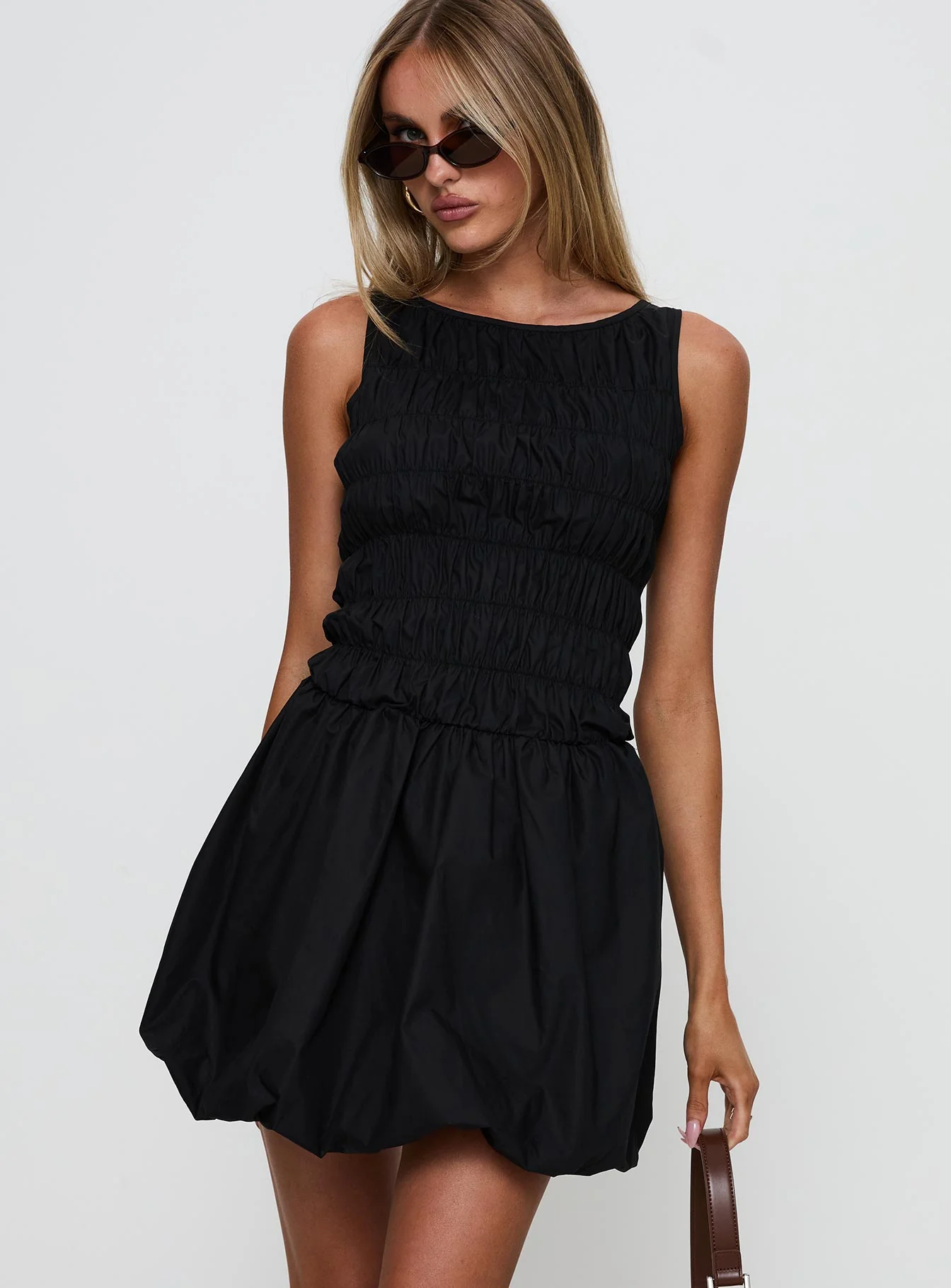 Demure Shirred Bubble Hem Mini Dress Black