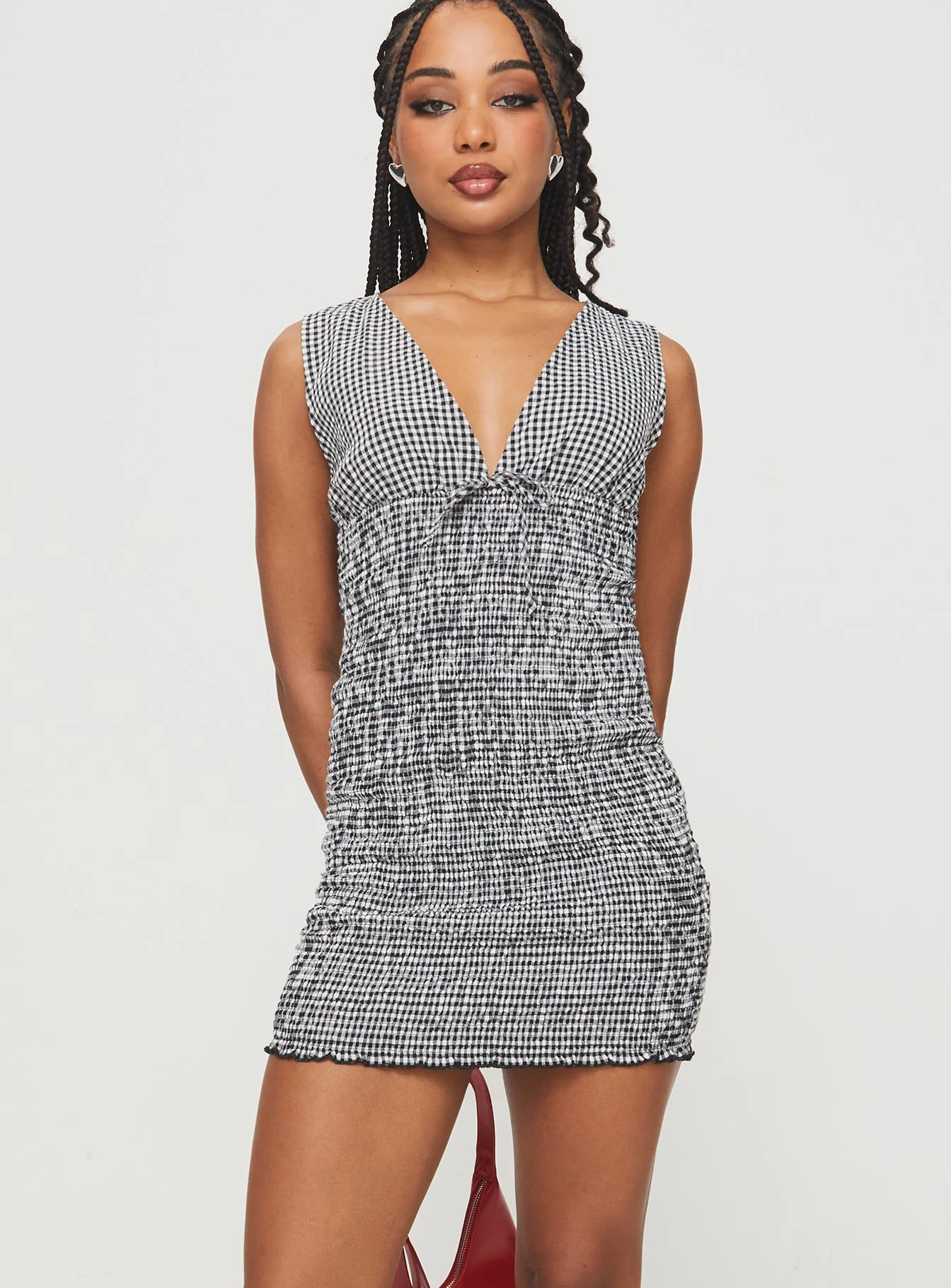 Solving Shirred Mini Dress Black Gingham