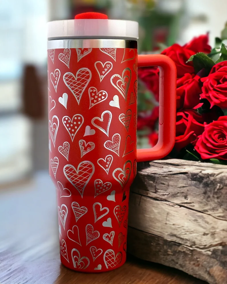 Hearts 40oz Stanley OR Generic Laser Engraved Tumbler, Gift for her, Heart Wrap, Personalized, Cute Hearts, Valentine